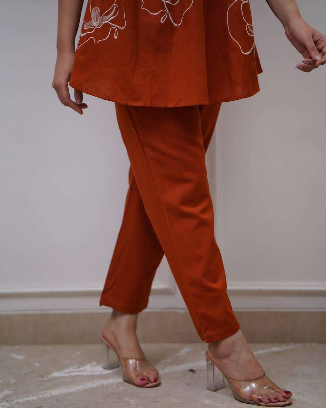 Women's Cotton Rose Printed Short Anarkali Kurta with Pant Western wear Cord Set - Image 3